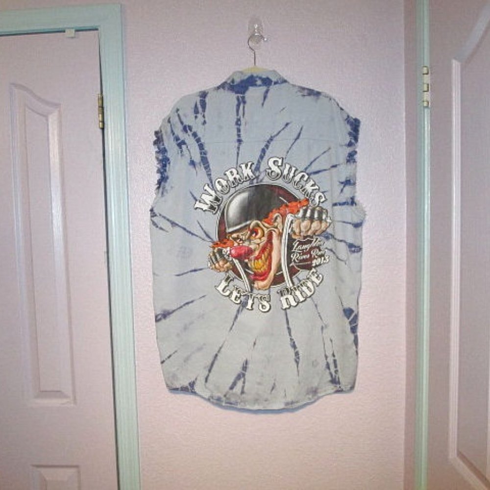 Biker Wear Denim Shirt Size XL Sleeveless Work Sucks Let’s Ride Grunge Clown Y2K